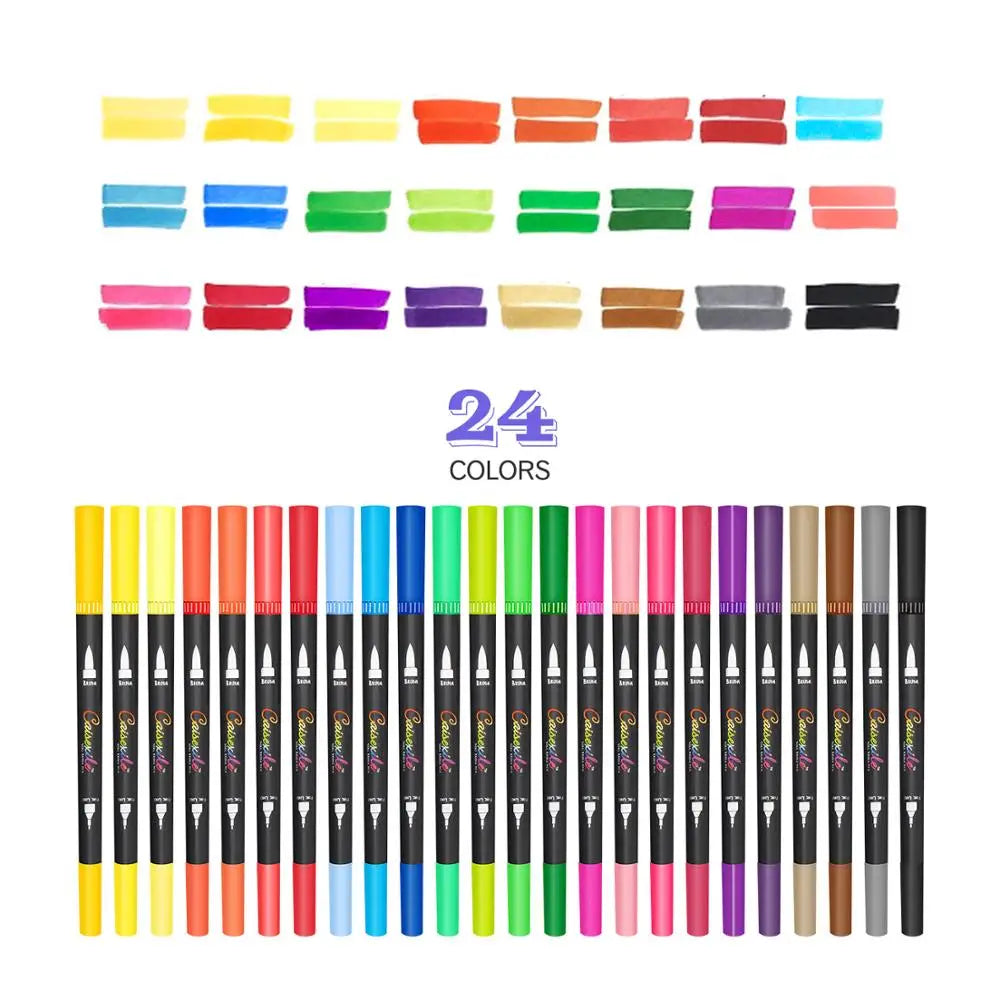 The Vibrant Dual Tip Brush Pen Marker Set features 24 markers displayed in a row, with swatches above. The range includes vibrant shades of yellow, orange, red, pink, green, blue, purple, brown, gray, and black. Ideal for creative drawing.