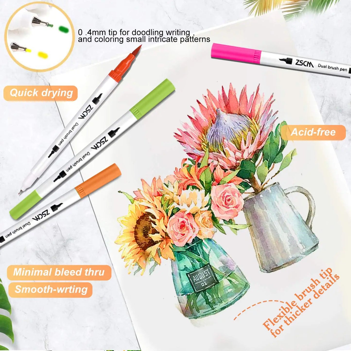 A vibrant floral painting of sunflowers is illustrated using the Vibrant Dual Tip Brush Pen Marker Set. With the pens displayed beside the artwork, they emphasize features such as a wide color range, quick-drying and acid-free ink, minimal bleed, and flexible tips for versatile use.