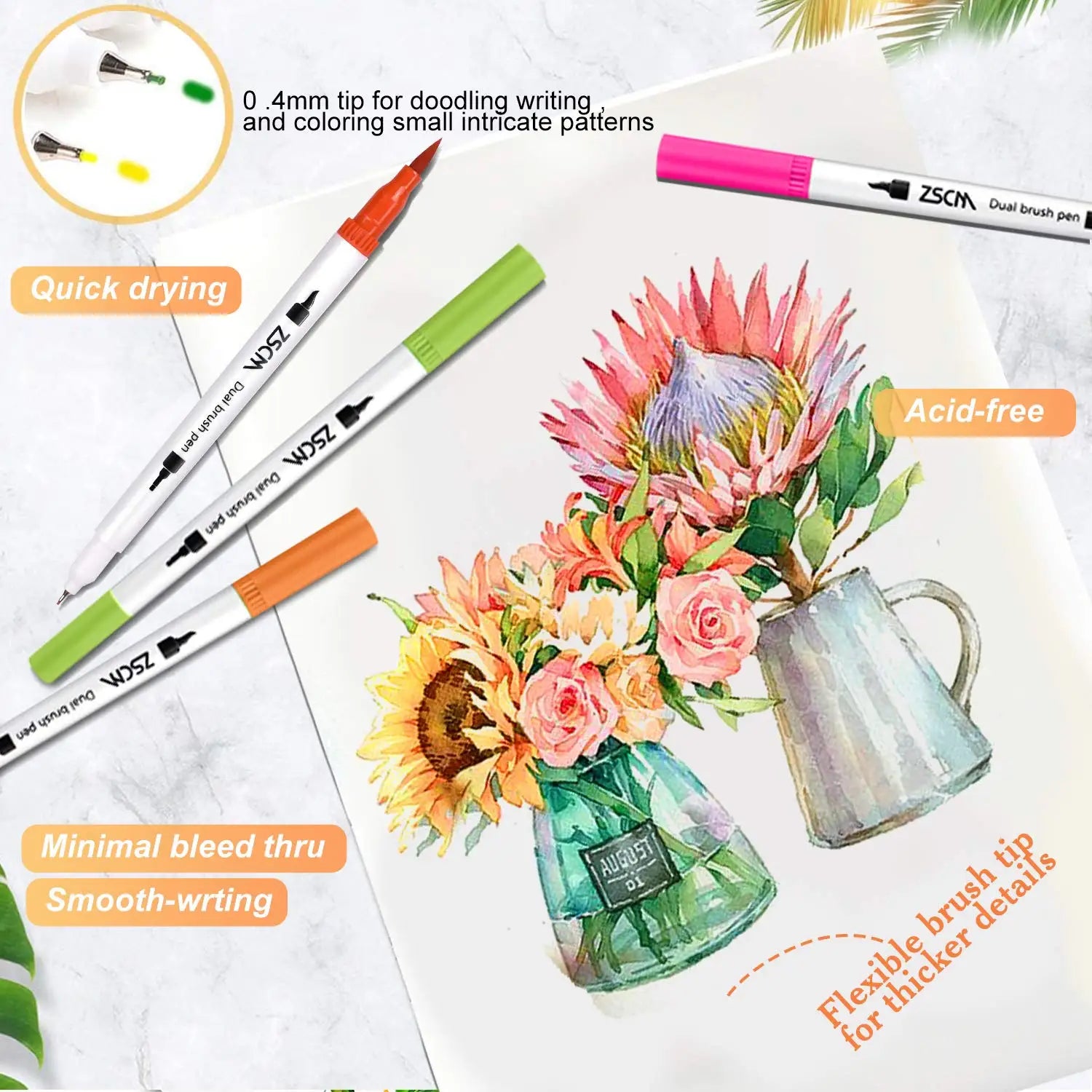 A vibrant floral painting of sunflowers is illustrated using the Vibrant Dual Tip Brush Pen Marker Set. With the pens displayed beside the artwork, they emphasize features such as a wide color range, quick-drying and acid-free ink, minimal bleed, and flexible tips for versatile use.