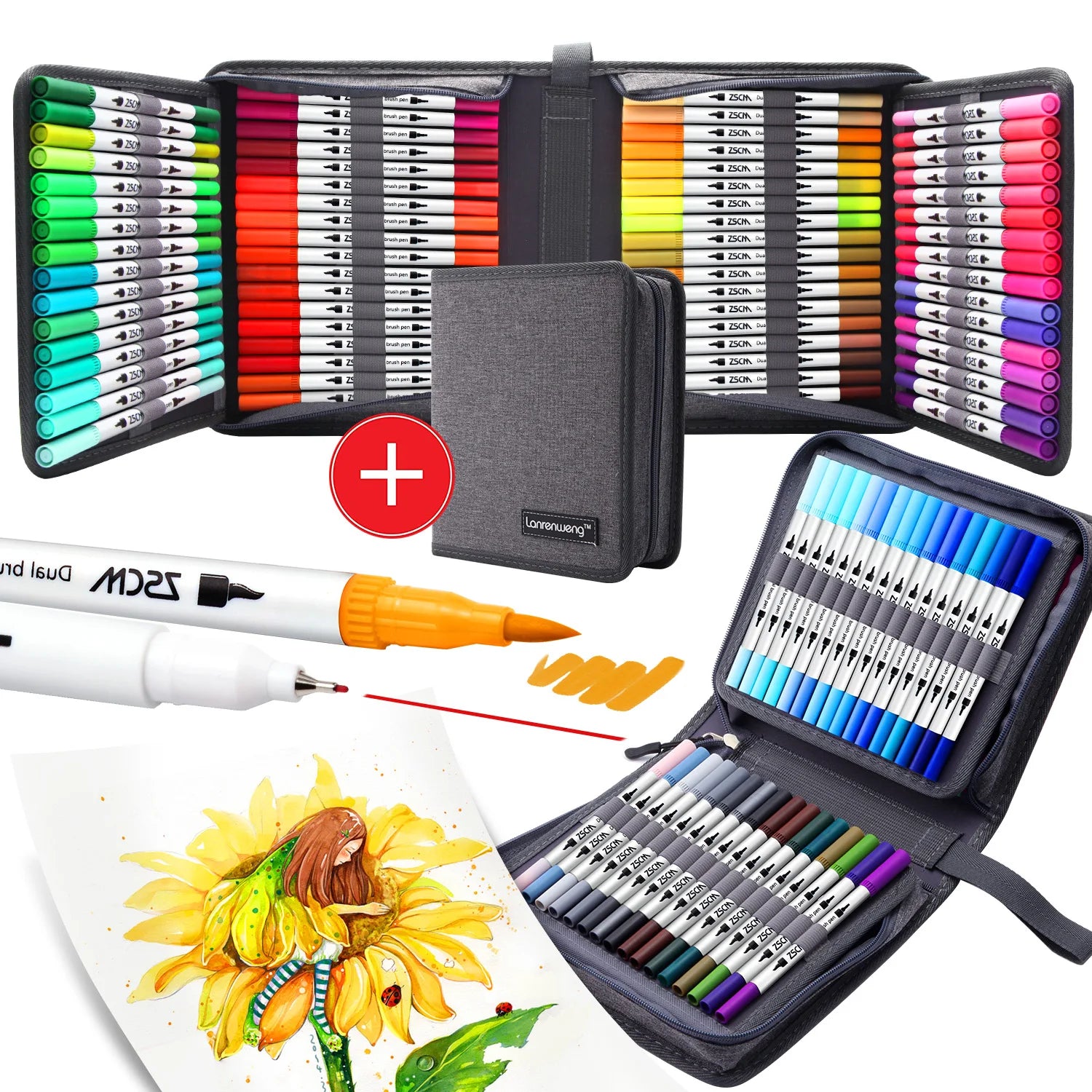 An open case displays a Vibrant Dual Tip Brush Pen Marker Set. A smaller open case shows more markers, while two dual-tip pens with orange and black tips rest near a sunflower drawing. A closed case and a red plus sign are also visible.