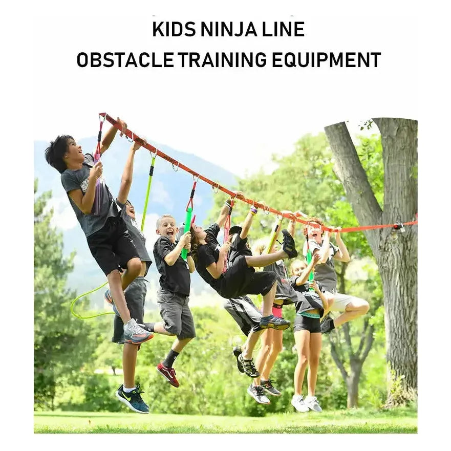 Backyard Adventure Ninja Warrior Obstacle Course Kit - 12m Slackline with Climbing Net and Hanging Challenges for Kids