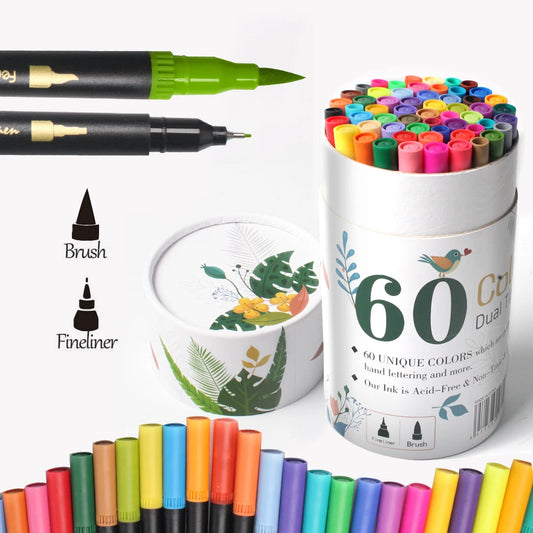 Vibrant 60-Color Dual Tip Brush Pen Set