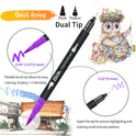 A Vibrant Dual Tip Brush Pen Marker from the set is showcased, highlighting its purple brush tip (0.04-0.23) for smooth coloring and super fine tip (0.02) for detailed work, perfectly suited for both an owl sketch and an architectural drawing masterpiece.