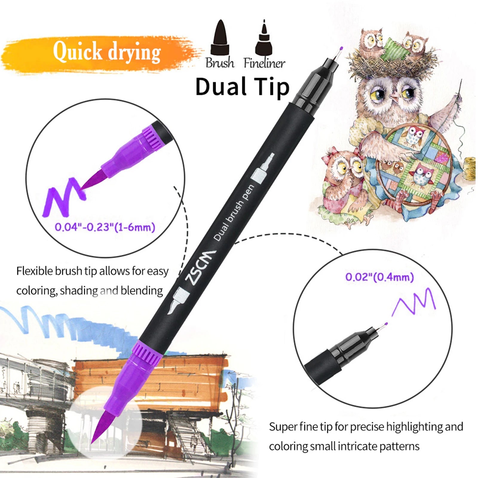 A Vibrant Dual Tip Brush Pen Marker from the set is showcased, highlighting its purple brush tip (0.04-0.23) for smooth coloring and super fine tip (0.02) for detailed work, perfectly suited for both an owl sketch and an architectural drawing masterpiece.