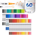 A display of 60 dual-tip brush pens features a range from browns and yellows to blues, purples, and greens. One pen draws an orange wavy line as the 60 Colors lid of the Vibrant Dual Tip Brush Pen Marker Set is seen in the corner.