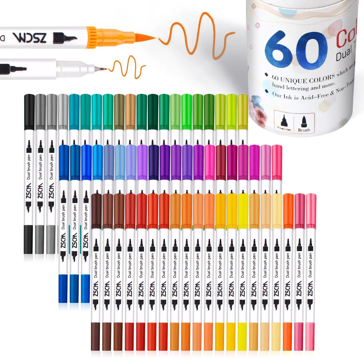 A display of 60 dual-tip brush pens features a range from browns and yellows to blues, purples, and greens. One pen draws an orange wavy line as the 60 Colors lid of the Vibrant Dual Tip Brush Pen Marker Set is seen in the corner.