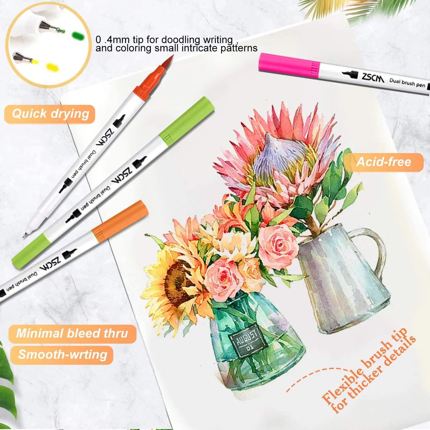 A watercolor illustration of flowers in vases is surrounded by the Vibrant Dual Tip Brush Pen Marker Set (12-160 colors) featuring Quick drying, Acid-free, Minimal bleed thru, and smooth writing. Caps display green, orange, and pink hues.