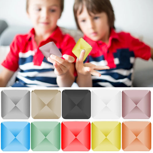 Two children in red shirts play with VKTECH Plastic Desk Toy Kinetic Skill Fidget Spinners. Below, ten colorful toys—including gray, black, white, pink, yellow, green, and blue—are shown. Made in Mainland China.