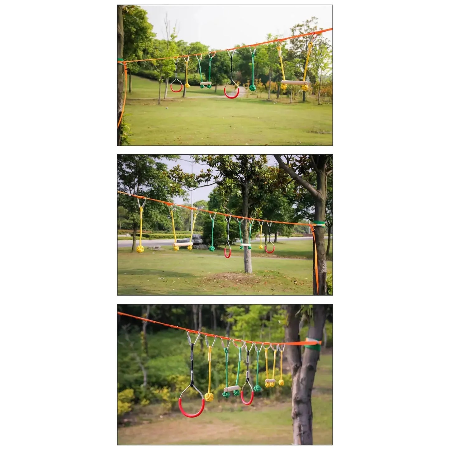 Backyard Adventure Ninja Warrior Obstacle Course Kit - 12m Slackline with Climbing Net and Hanging Challenges for Kids