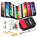 An open case displays the Vibrant Dual Tip Brush Pen Marker Set, neatly organized by shade. It includes a red and black zipper case and a DIY floral coloring book, with one marker featuring fine and broad tips prominently in the foreground.