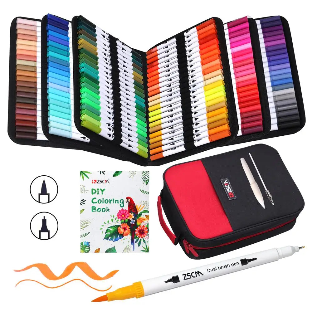 An open case displays the Vibrant Dual Tip Brush Pen Marker Set, neatly organized by shade. It includes a red and black zipper case and a DIY floral coloring book, with one marker featuring fine and broad tips prominently in the foreground.