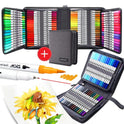 The Vibrant Dual Tip Brush Pen Marker Set comes in a foldable black case, revealing many bright colors when opened. Close-up images show two marker tips, alongside a partially visible sunflower drawing. An unopened case is also included.