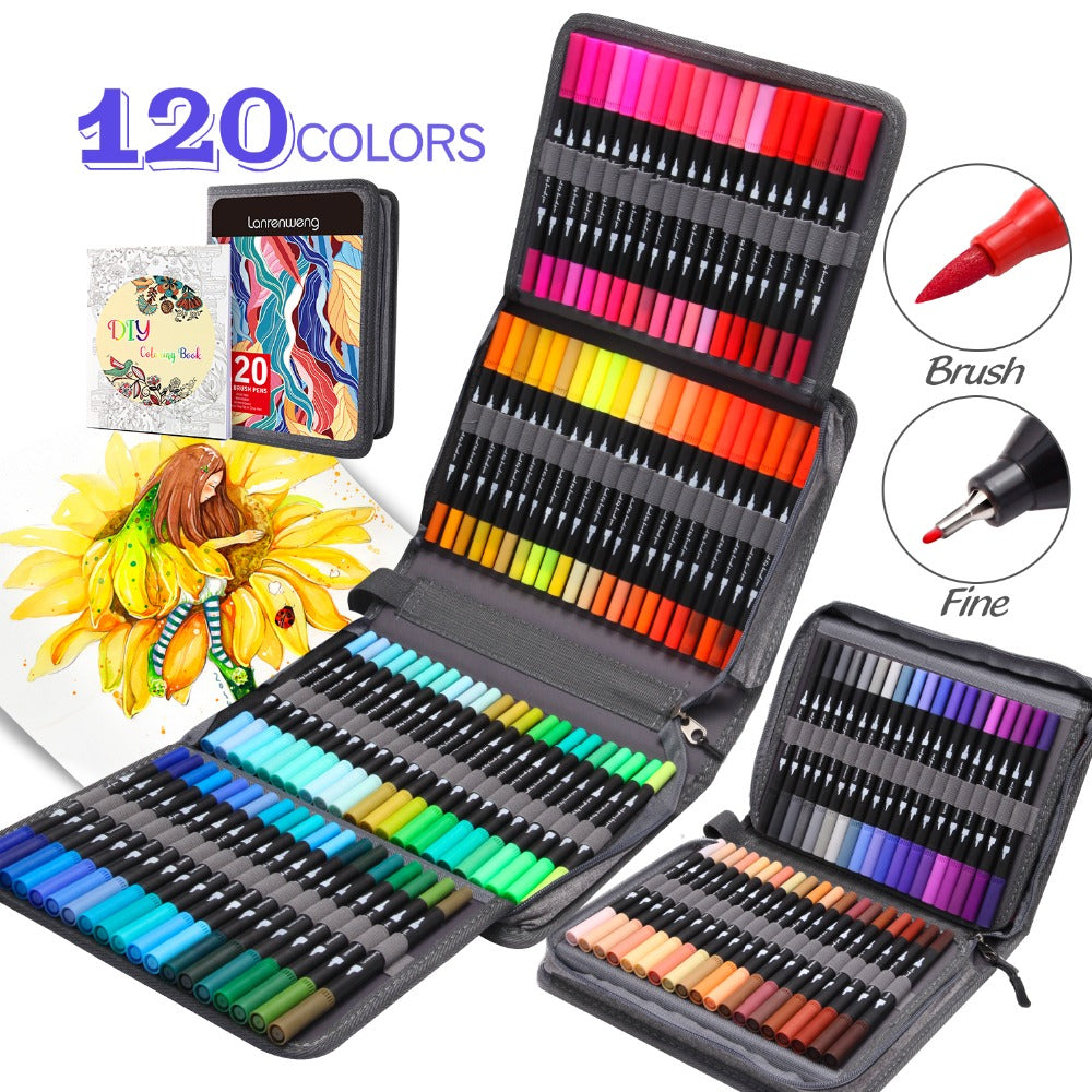The image features the Vibrant Dual Tip Brush Pen Marker Set with 120 colors in a sleek gray case. Each pen, equipped with brush and fine tips, is ideal for versatile artistry. Included are an artwork of a yellow flower and a coloring book to complement the stunning set.
