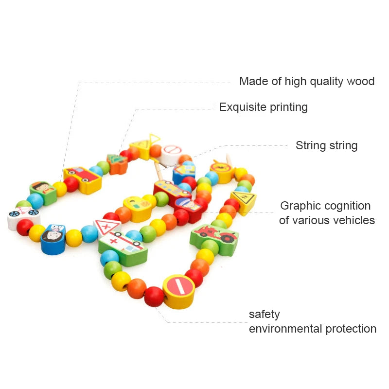 Wooden Beaded Toys Fruits Vegetables Animal Traffic Blocks Beads Toys Children's Early Education Toys Baby Wooden Diy Toys