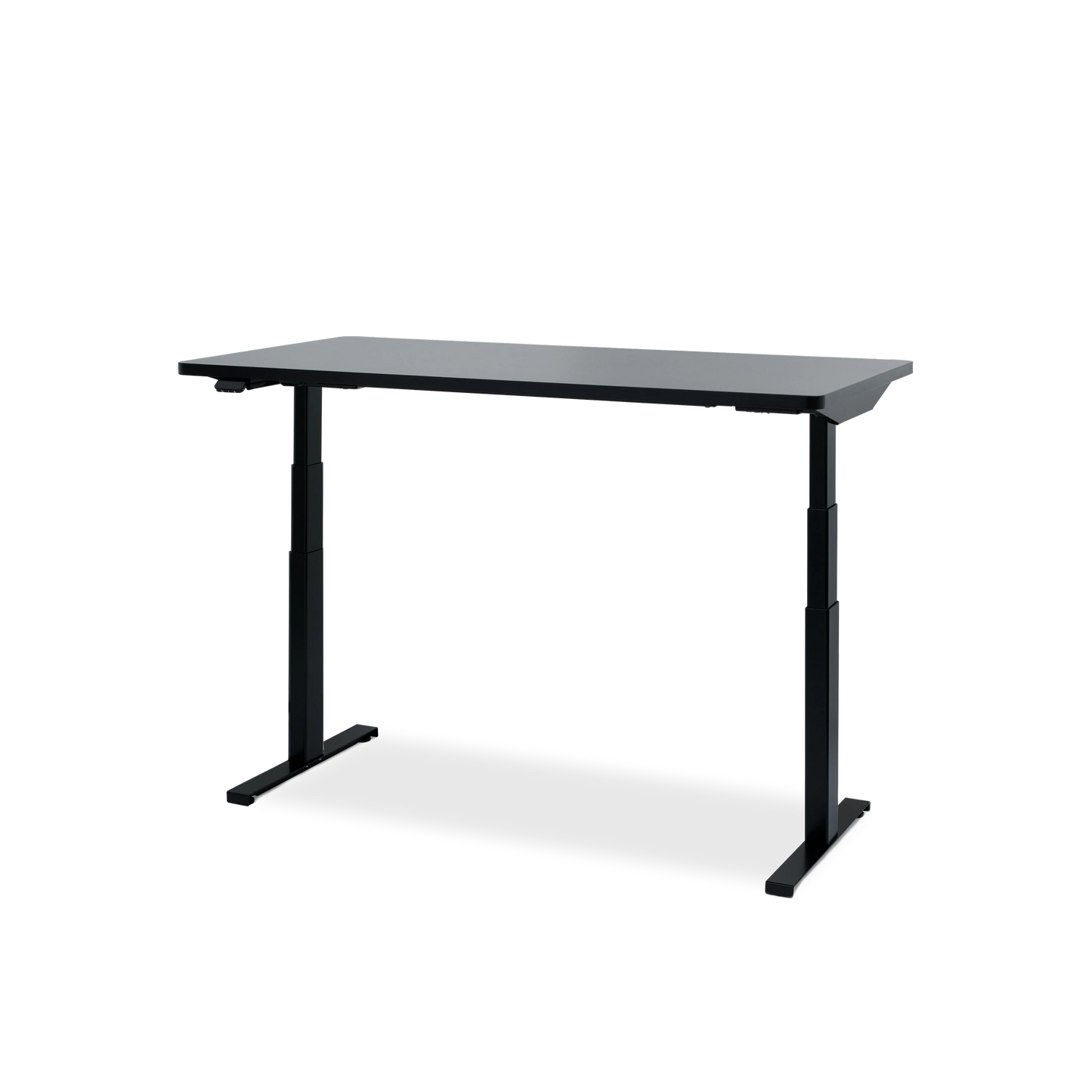 The Hexcal Elevate Standing Desk in black features an ergonomic, height-adjustable rectangular tabletop with sturdy metal legs, displayed against a plain white background.