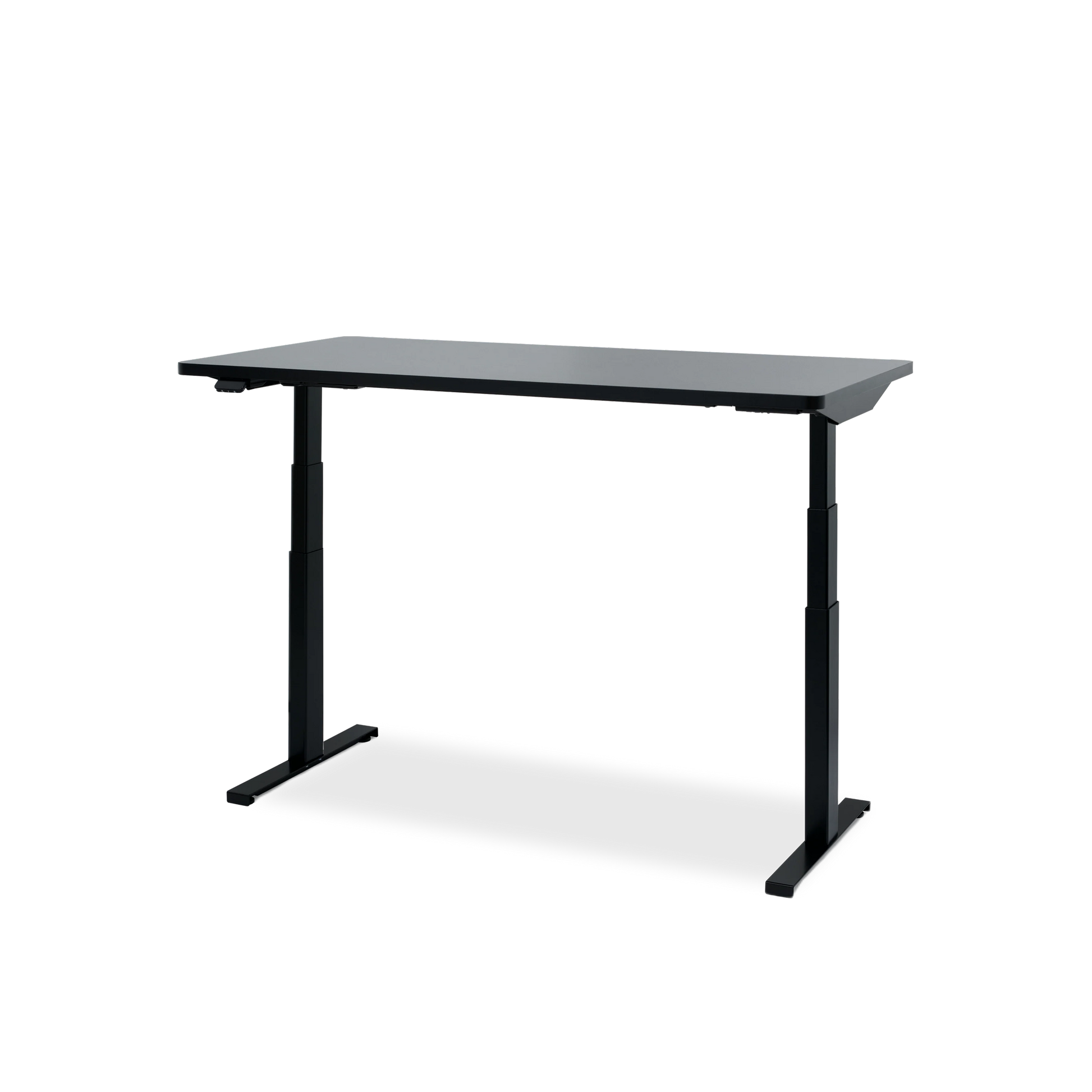 The Hexcal Elevate Standing Desk in black features an ergonomic, height-adjustable rectangular tabletop with sturdy metal legs, displayed against a plain white background.