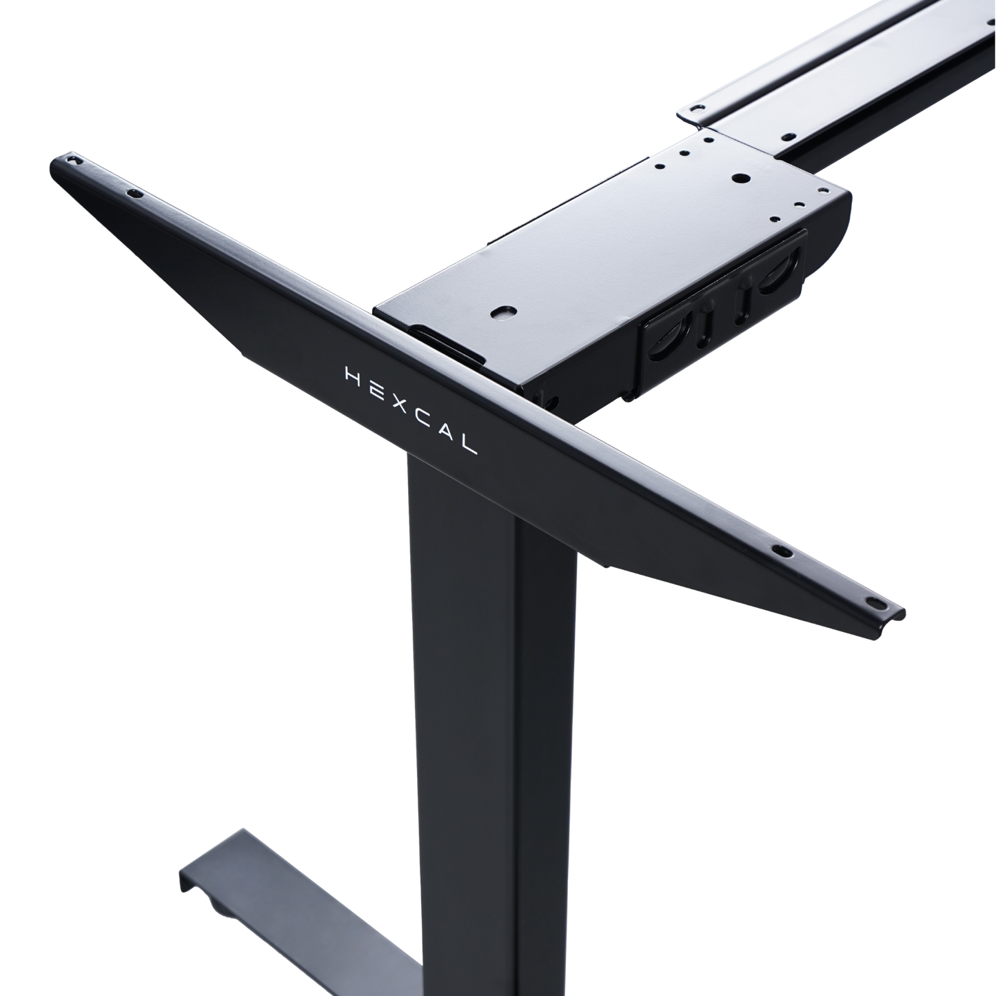 A close-up of the Hexcal Elevate Standing Desk in black highlights its sturdy legs and connecting support structure against a plain white background.