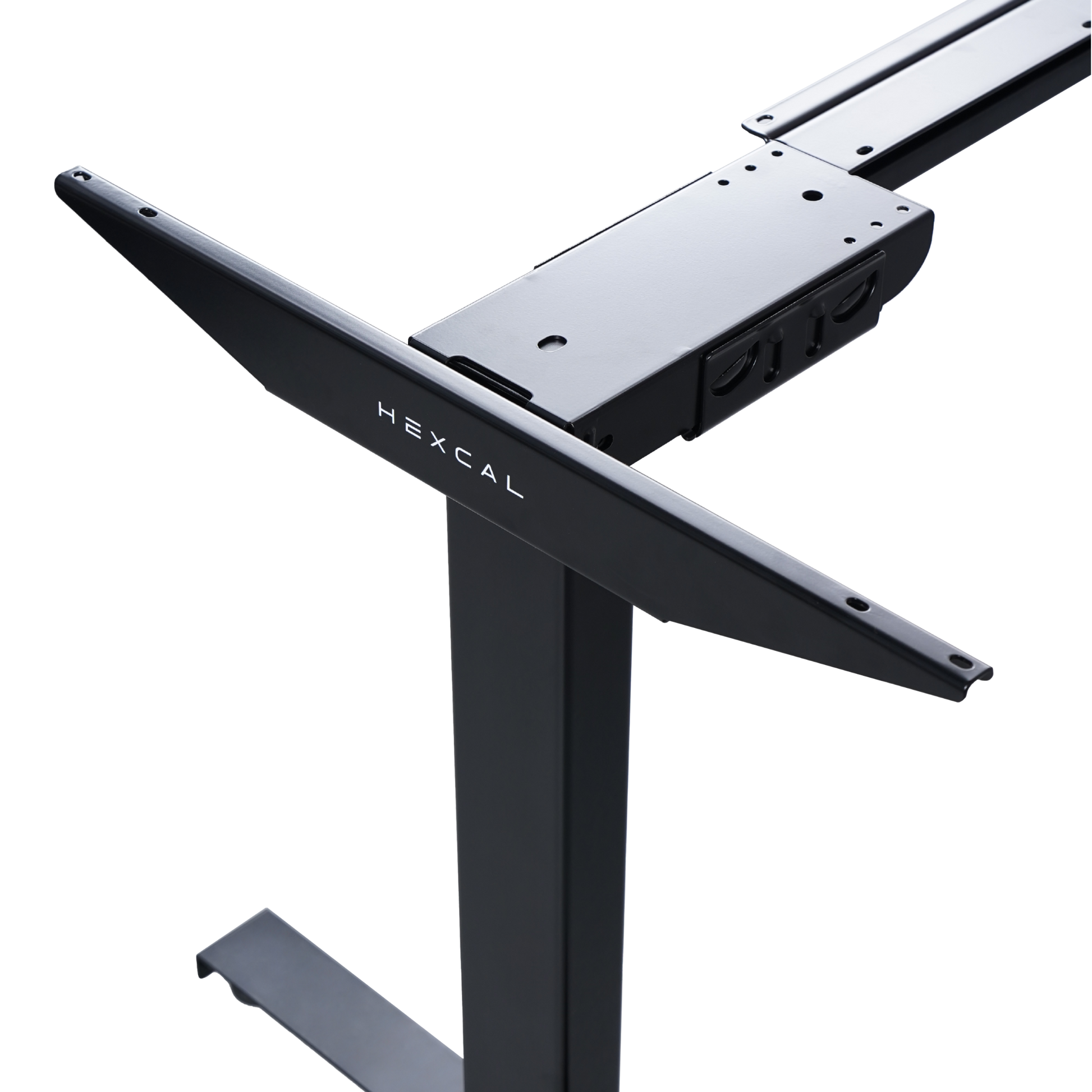 A close-up of the Hexcal Elevate Standing Desk in black highlights its sturdy legs and connecting support structure against a plain white background.