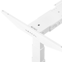 Close-up of the Hexcal Elevate Standing Desk in white, featuring the HEXCAL logo on the ergonomic metal frame, with a view of the height-adjustable leg and side rail against a plain white background.