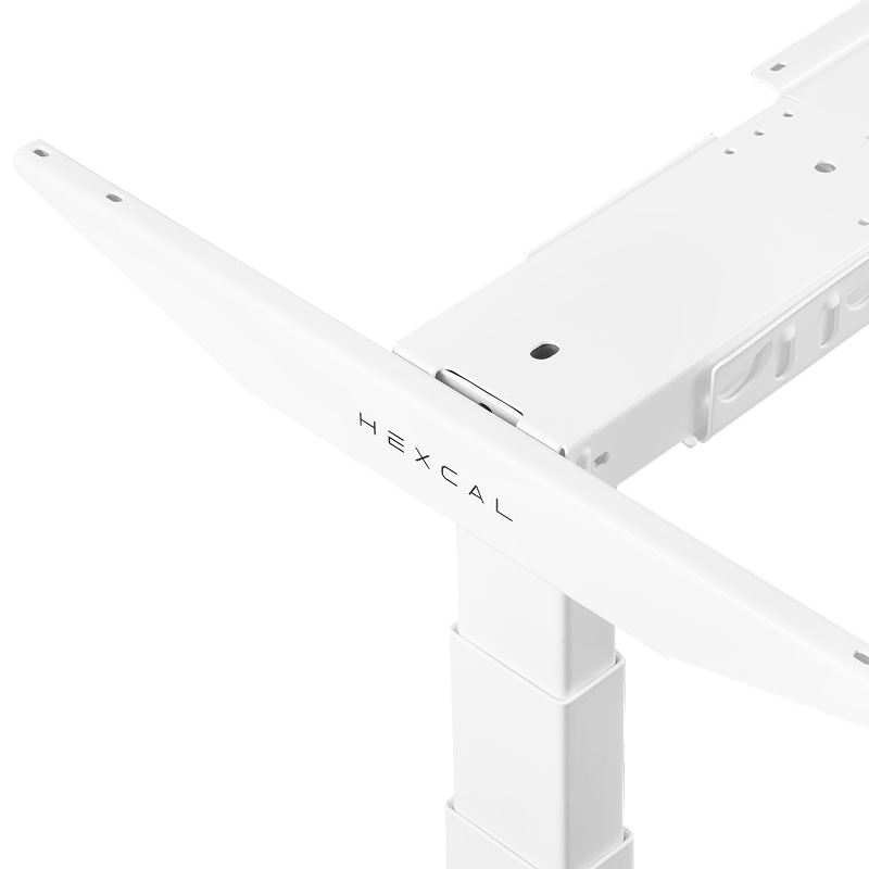 Close-up of the Hexcal Elevate Standing Desk in white, featuring the HEXCAL logo on the ergonomic metal frame, with a view of the height-adjustable leg and side rail against a plain white background.