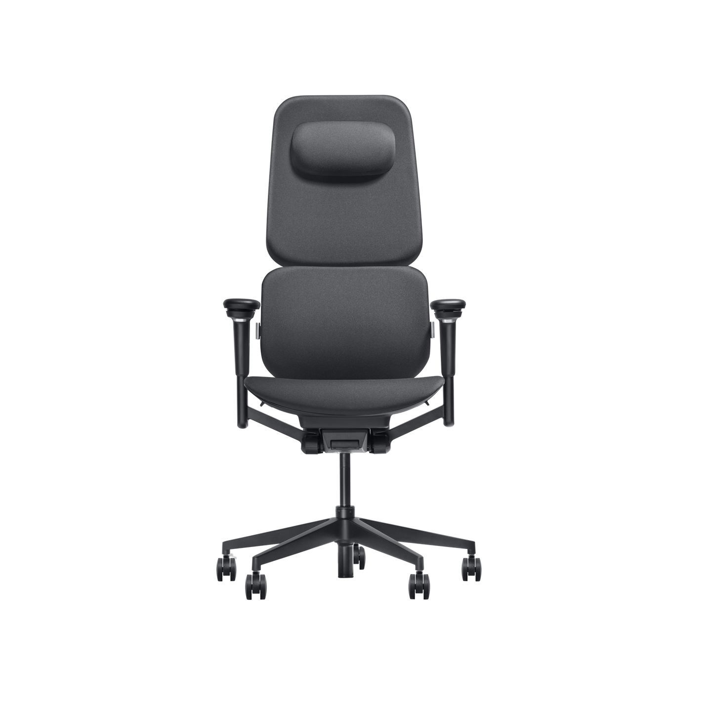 The Hexcal Inspire Chair is a modern ergonomic office chair with a high back, adjustable headrest and armrests, five-wheel base, and dark gray fabric upholstery—combining style and comfort for your workspace.