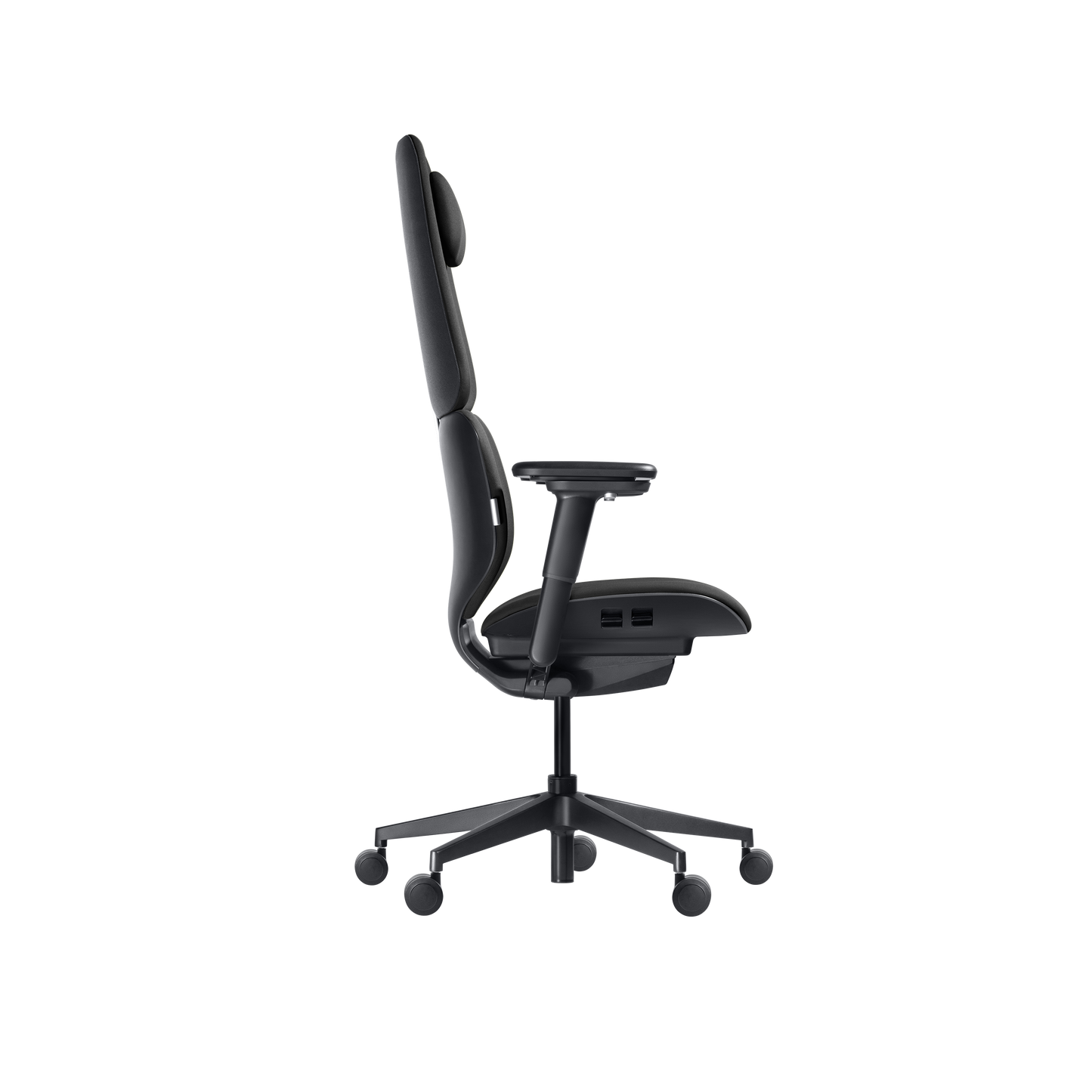 Side view of the Hexcal Inspire Chair, a sleek black ergonomic chair featuring adjustable armrests, headrest, and a five-wheel base, shown against a plain white background.