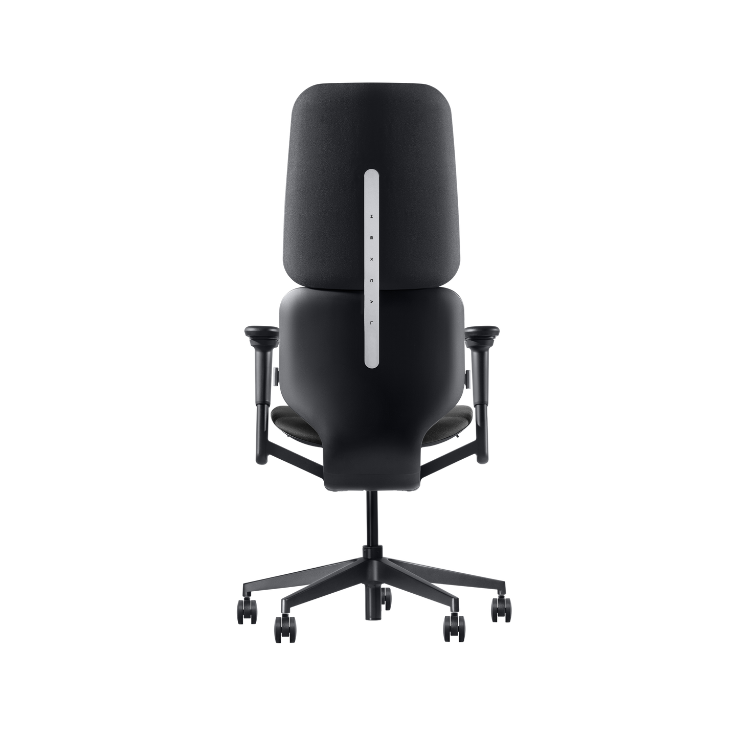 The Hexcal Inspire Chair is a modern black ergonomic office chair with adjustable armrests, five rolling caster wheels, and a tall contoured backrest featuring a vertical silver accent strip for added style and comfort.