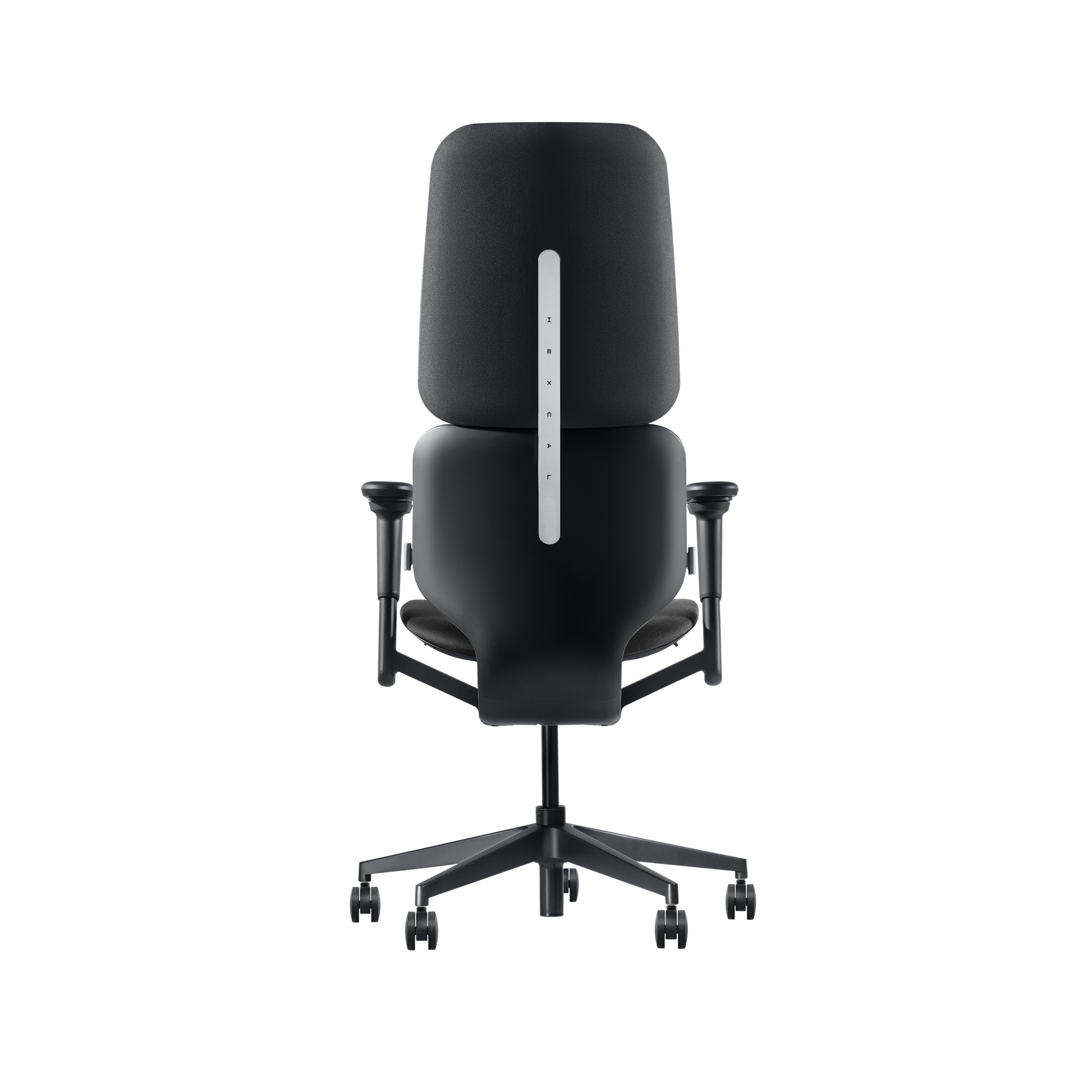The Hexcal Inspire Chair is a modern black ergonomic office chair with adjustable armrests, five rolling caster wheels, and a tall contoured backrest featuring a vertical silver accent strip for added style and comfort.