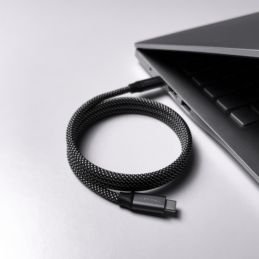 A Magnetic Charging Cable is coiled next to a sleek, partially open laptop on a white surface. The cable is connected to one of the laptop’s ports.