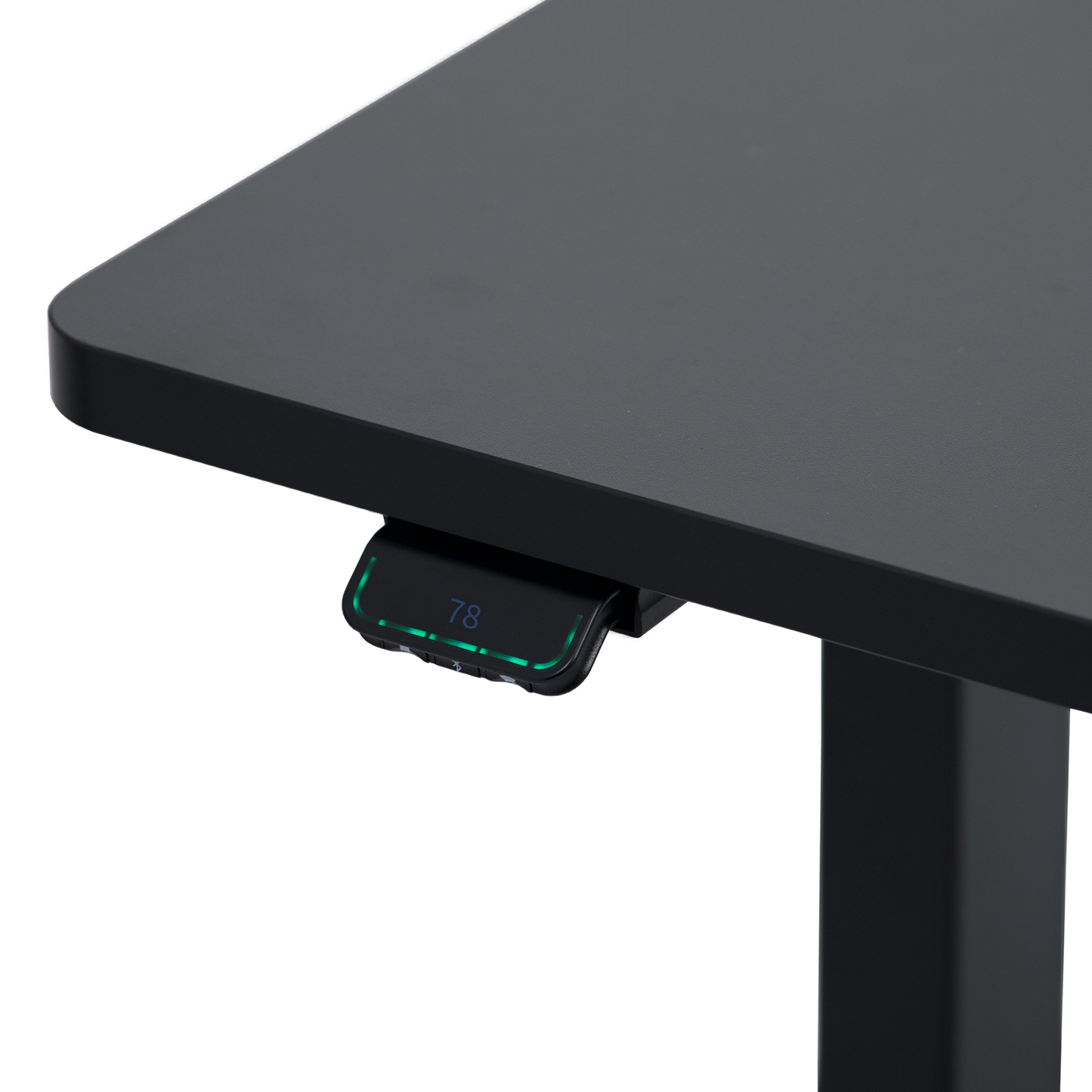 A close-up of the Hexcal Elevate Standing Desk’s black corner shows its digital control panel under the tabletop, displaying “78” for precise ergonomic height adjustment.