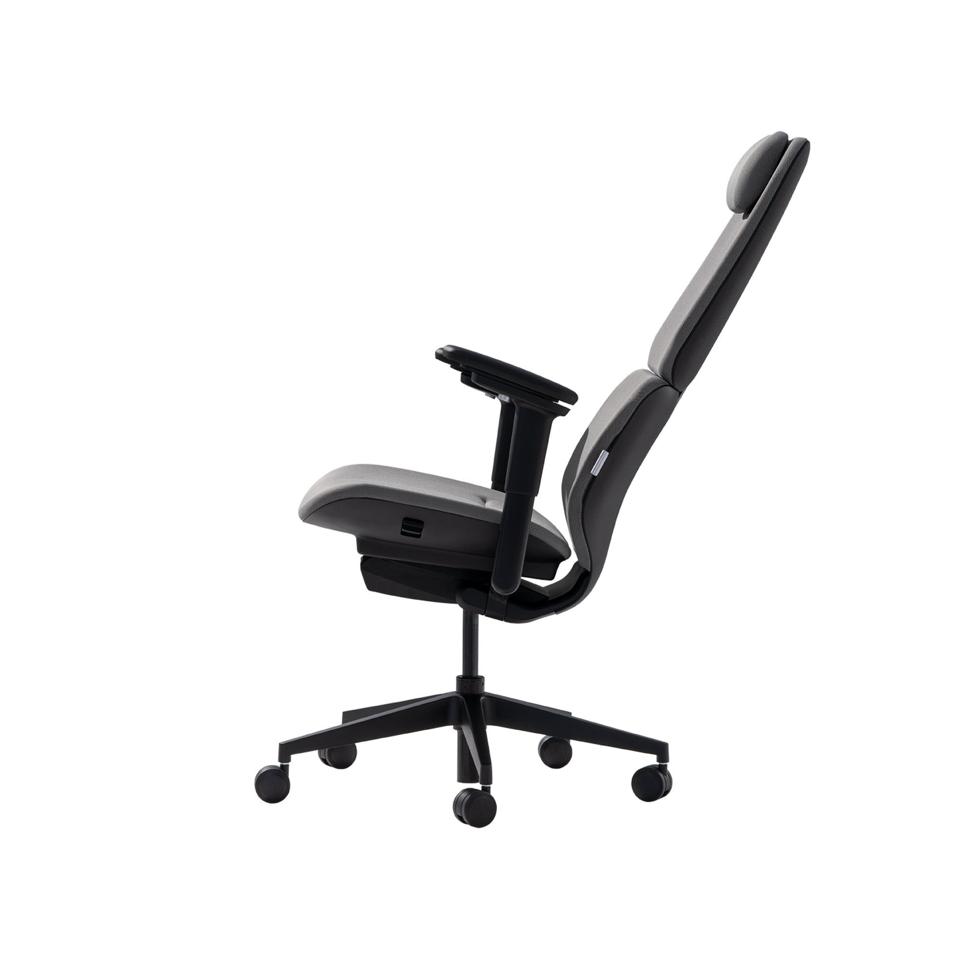 The Hexcal Inspire Chair is a modern ergonomic office chair with adjustable armrests, a high backrest, headrest, and five-wheel base, featuring a sleek, minimalist design. Side view shown on a white background.