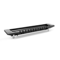 The Hexcal Studio™ is a long black power strip with multiple outlets and a cable, elevated on two silver legs for efficient cable management, displayed against a plain white background.