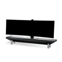 The Hexcal Studio™ is a wide, curved black monitor with a sleek, angular adjustable stand on four metallic cylindrical legs, displayed against a plain white background.