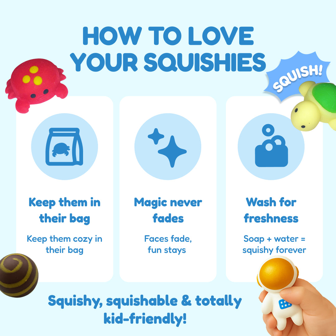 Instructional graphic for the Squishyland Phonics Fidget Game titled How to love your squishies, featuring icons with cleaning and storage tips to help children learn to care for their toys.