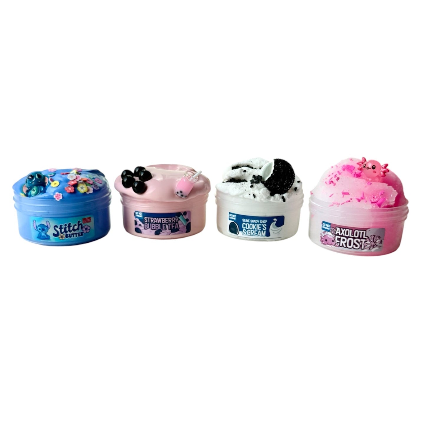 The Best Seller Slime Texture Bundle features four colorful whipped butter slimes: blue Stitch, pink strawberry boba, white cookies & cream, and pink axolotl frost. Each is scented and uniquely themed—a perfect bundle for slime lovers!.