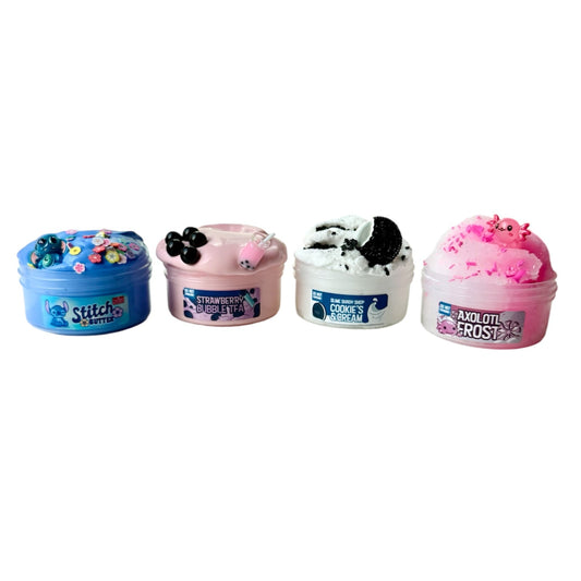The Best Seller Slime Texture Bundle features four colorful whipped butter slimes: blue Stitch, pink strawberry boba, white cookies & cream, and pink axolotl frost. Each is scented and uniquely themed—a perfect bundle for slime lovers!.