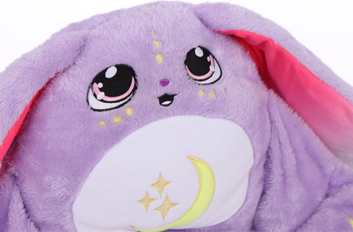 Opal Jr. Moon Pal – 2.5 lb Kids Weighted Plush is a purple weighted rabbit with pink inner ears, large expressive eyes, and a white belly featuring a yellow crescent moon and stars, perfect for calming cuddles.