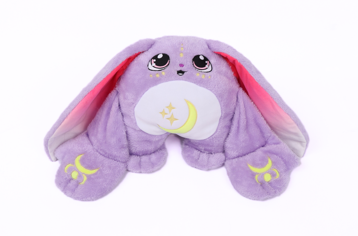 Opal Jr. Moon Pal – 2.5 lb Kids Weighted Plush is a purple plush rabbit with long ears, a white belly featuring a yellow moon and stars, and moon symbols on its paws for calming cuddles.