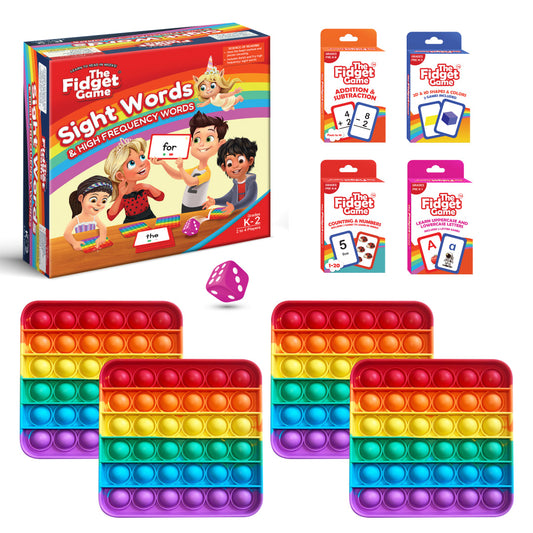 Kindergarten Learning Bundle including a boxed sight words game, three small learning card game boxes, a purple die, and four square rainbow-colored push-pop fidget toys.