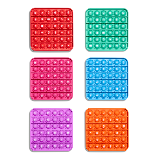 Six 6 Extra CVC Fidget Mats (Word Pop! Add-On) in square shapes of red, green, pink, blue, purple, and orange, each featuring a grid of bubbles printed with three-letter words.