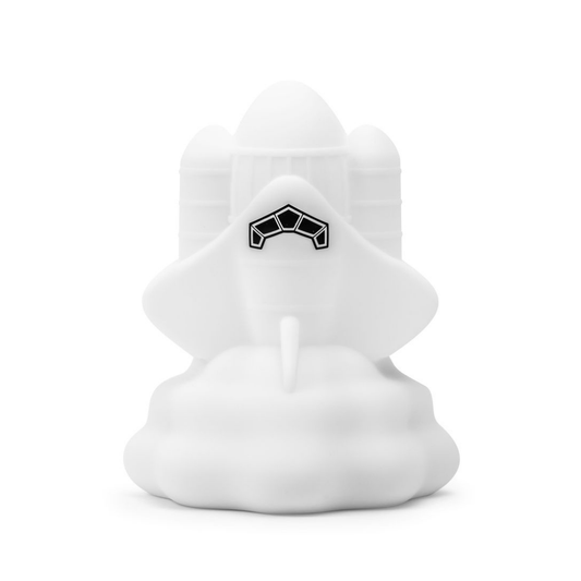 Rowdy the Rocket Mini Night Light, a rechargeable white space shuttle, lifting off from a cloud base.