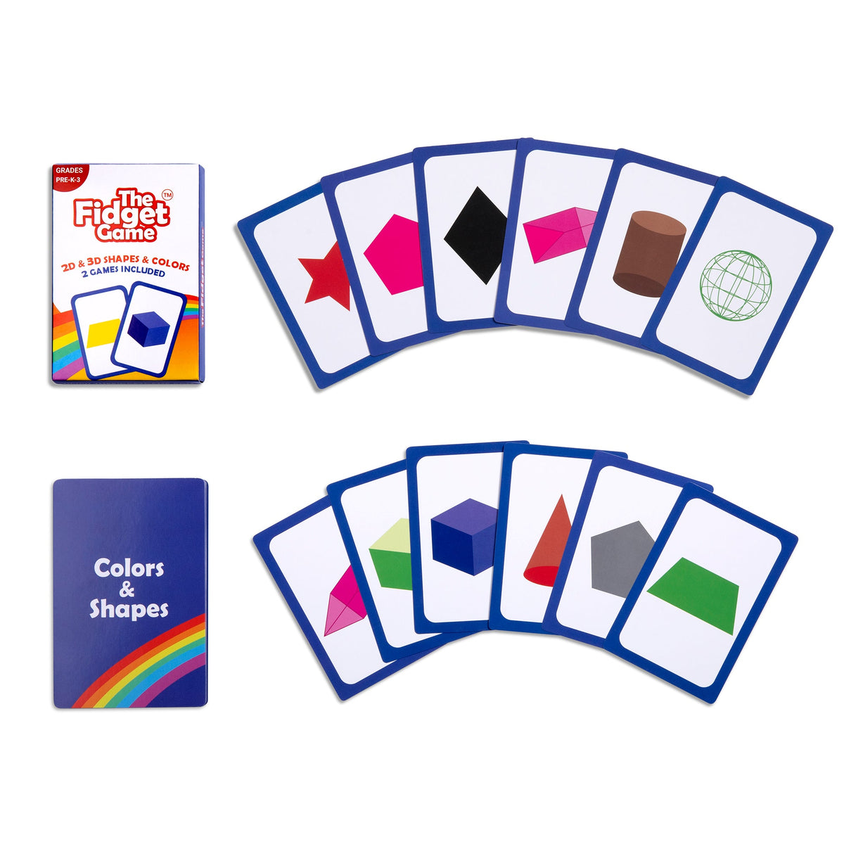 A 2D & 3D Shapes & Colors Card Pack learning game box with two fans of cards featuring various 2D and 3D shapes and colors.
