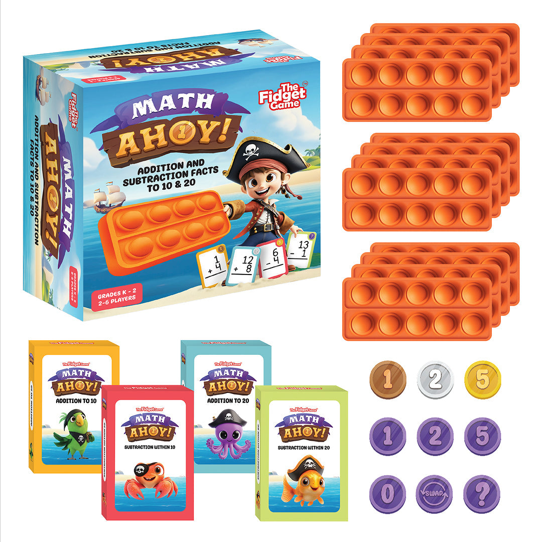Math Ahoy! Addition & Subtraction Game, a boxed multisensory set with six orange silicone pop-it boards, four pirate-themed math card decks with sea creatures, and circular tokens numbered zero through five along with special-action coins.