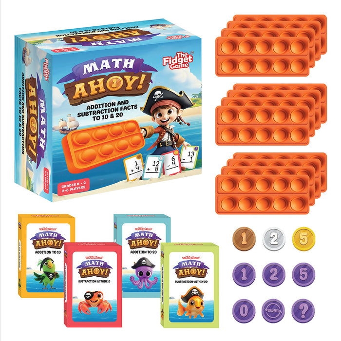 Math Ahoy! Addition & Subtraction Game, a boxed multisensory set with six orange silicone pop-it boards, four pirate-themed math card decks with sea creatures, and circular tokens numbered zero through five along with special-action coins.