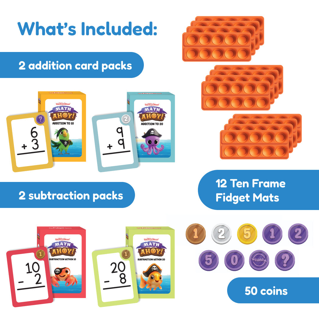 Math Ahoy! Addition & Subtraction Game components for multisensory math practice, including two addition card packs, two subtraction card packs, twelve rectangular silicone pop-it fidget mats, and fifty numbered circular coins.
