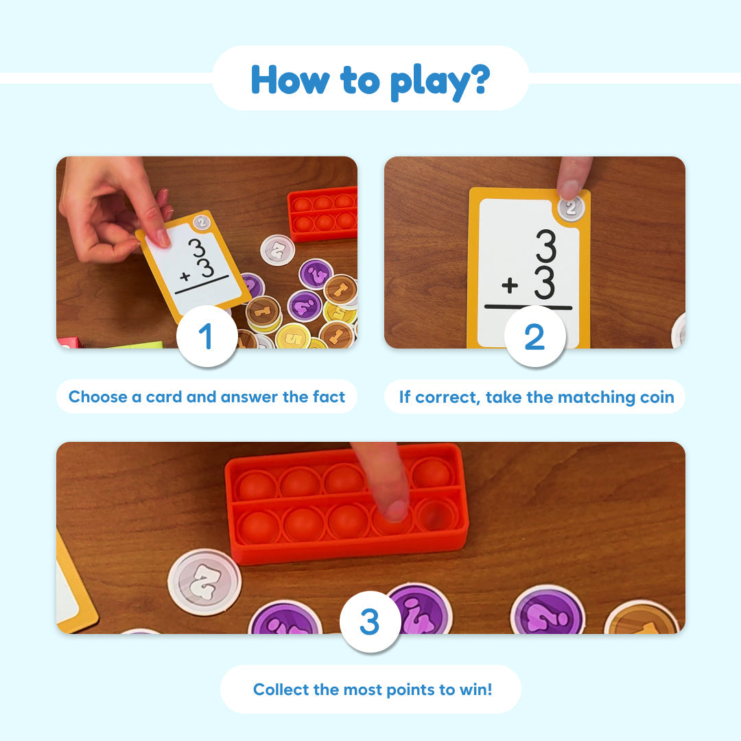 Three-step infographic for Math Ahoy! Addition & Subtraction Game showing hands choosing a math card, taking a matching coin for a correct answer, and pressing bubbles on a silicone tray for multisensory math practice.