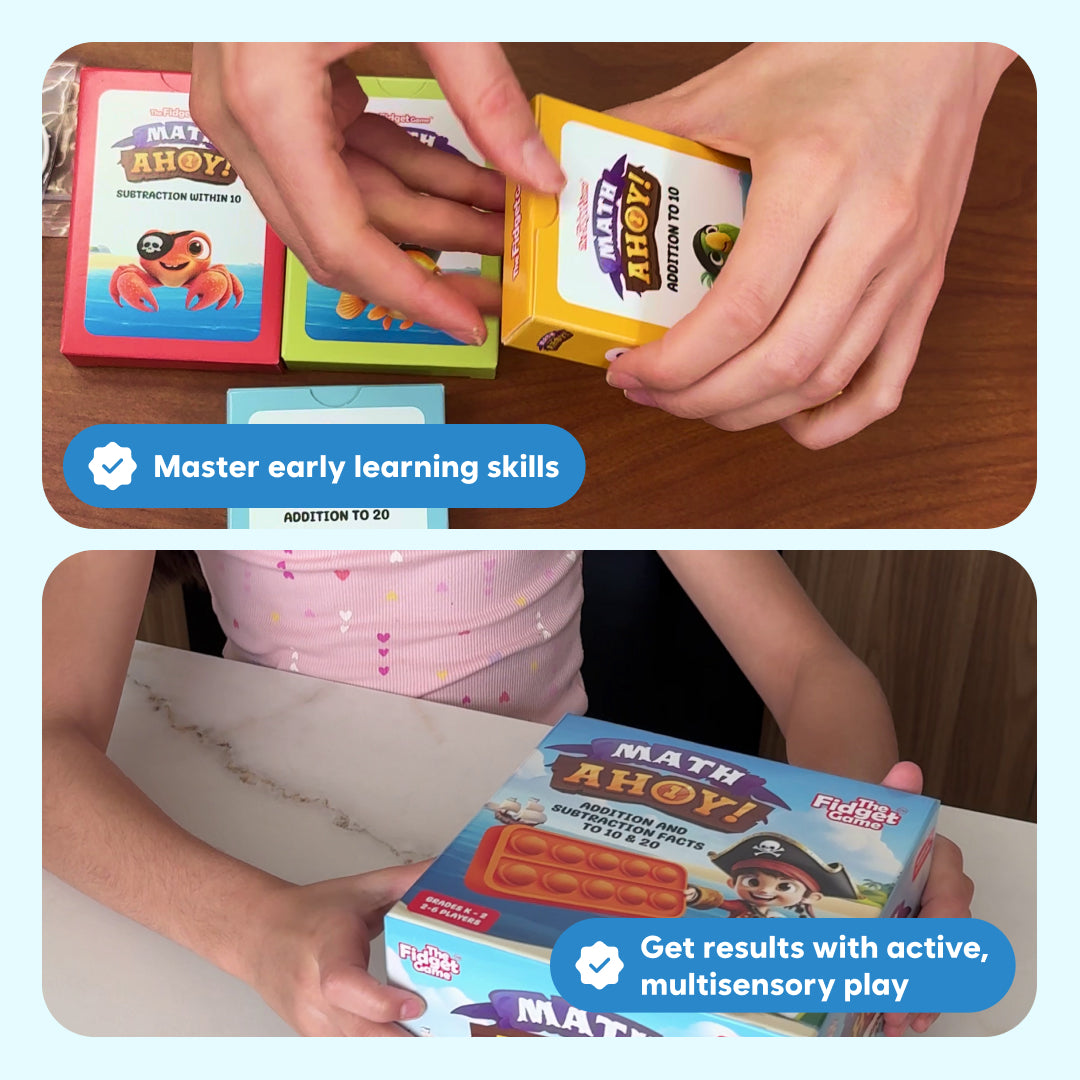 Hands open a yellow deck of math flashcards for addition and subtraction, while a second image shows a child holding a Math Ahoy! Addition & Subtraction Game box featuring a silicone bubble toy.