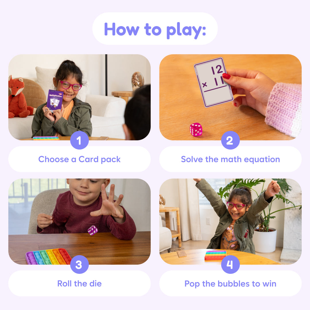Four-step guide for children playing learning games with a Math Card Pack Bundle (Multiplication + Division), a die, and a bubble-popping fidget toy.