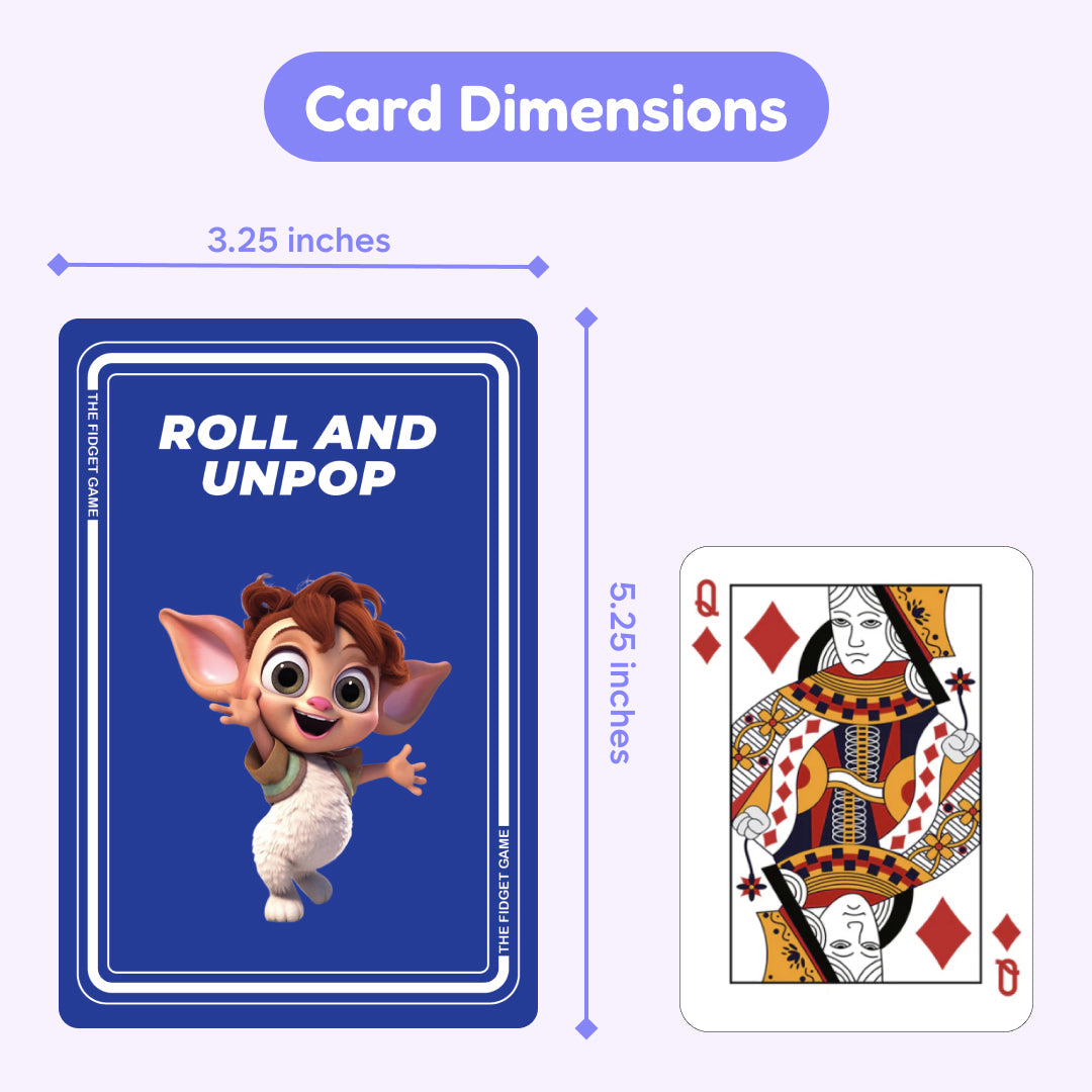 A diagram comparing a blue 3.25 by 5.25-inch Division Card Pack game piece featuring a cartoon character to a standard Queen of Diamonds playing card.