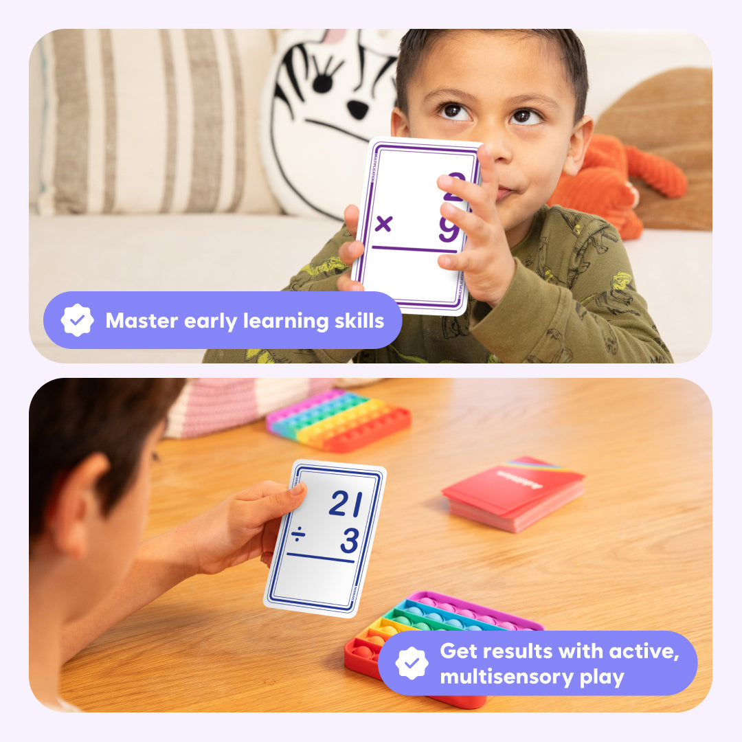 A child holds a multiplication flashcard showing 9 times 9, while another hand displays a division flashcard showing 21 divided by 3 next to a sensory pop-it toy, featuring the Math Card Pack Bundle (Multiplication + Division).
